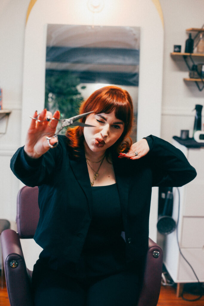 malia hairstlyist richmond va branding fun photos in her studio on location scissors