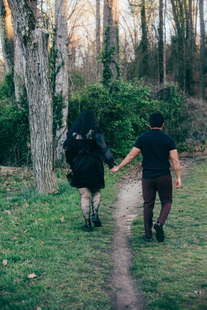 witch red wine dark black engagement photos woods river shoot