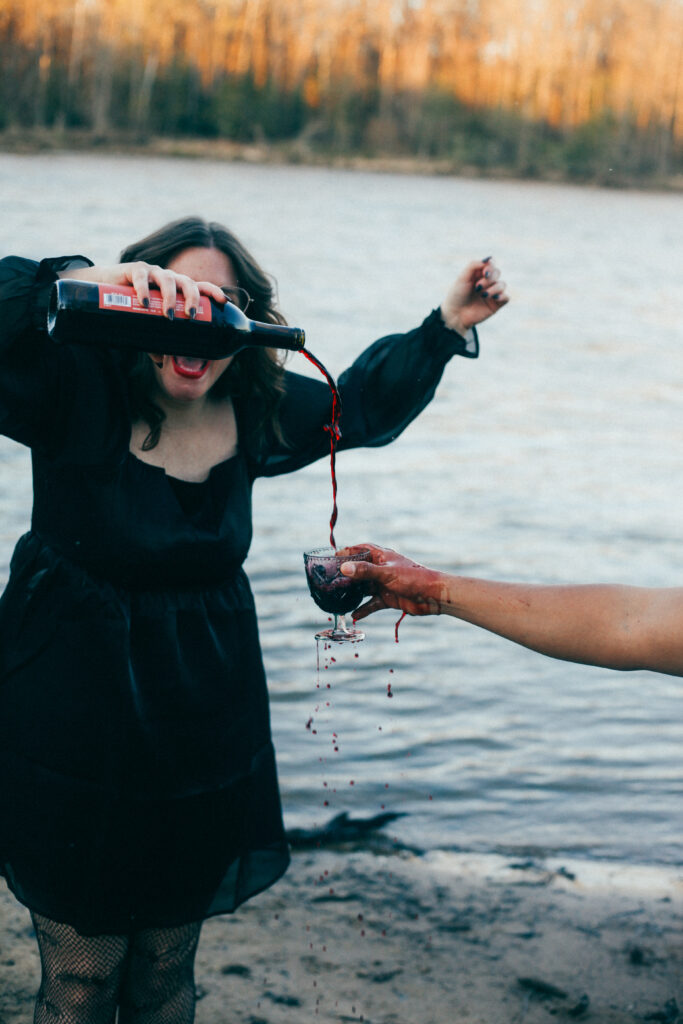 wine pour unique messy silly fun horror photoshoot ideas